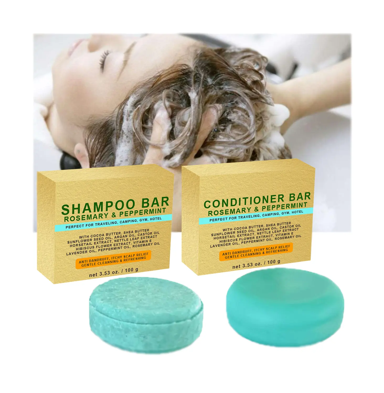 Rosemary Peppermint set sampo Solid & kondisioner bar penumbuh rambut sabun buatan tangan alami Anti rambut rontok sabun padat untuk rambut