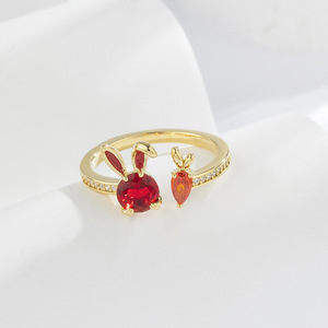 Cute Bunny Open Ring Animal Zodiac Design Red Gemstone Index Finger Jewelry Gift - Product Image 2