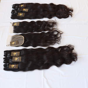 Extensions de cheveux humains Remy lisses, cheveux vierges indiens, non traités, tissage en lot avec fermeture fine, vente en gros - Product Image 1