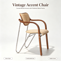 Fauteuil de salle à manger vintage en bois avec dossier en rotin et pieds en métal, chaise de café style mid-century modern pour restaurant et maison