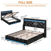 Cadre de lit noir taille Full/Queen avec rangement relevable, cadre de lit rembourré taille Double avec tête de lit, cadre de lit avec éclairage LED