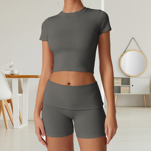 Womens Tập Thể Dục Bộ Giản Dị Thoải Mái Tracksuit Trang Phục Mùa Hè Gấp Hơn Quần <span class=keywords><strong>Short</strong></span> Và Mỏng Được Trang Bị Ngắn Tay Áo Tops 2 Mảnh Quần <span class=keywords><strong>Short</strong></span> Bộ - Product Image 6