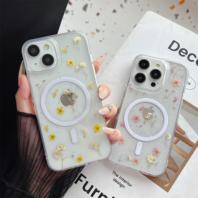 Korean Ins Style Women's TPU Shockproof Glitter Real Dried Flower Magnetic Ring Wireless Phone Case for 17 Pro 16 Pro Max 15Plus