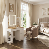 Coiffeuse compacte en panneau de bois avec éclairage LED, miroir réglable, rangement et prise de courant dissimulée – Idéale pour chambre et salon moderne