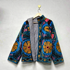 Vintage Sky Blue <b>Velvet</b> Suzani Embroidered <b>Jacket</b> with Floral Pattern Full Sleeve Stand Collar Bohemian <b>Women's</b> Winter <b>Jacket</b> - Product Image 1