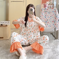 Nouvelle collection été-automne : Ensemble de pyjama pour femme en coton mousse, avec cardigan à manches courtes, imprimé dessin animé, manches à volants et taille élastique.