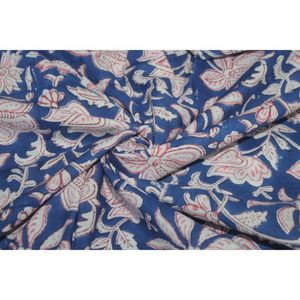 Blue & Pink Flower Hand Block Print Cotton Fabric 110 GSM for Curtains <b>Diapers</b> Home Textiles Bags Accessories for Best Price - Product Image 6