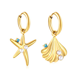 ต่างหูรูปปลาดาวและเปลือกหอยแบบอสมมาตร ชุบทอง 18K ประดับมุก เครื่องประดับแฟชั่นสำหรับงานปาร์ตี้ - Product Image 1