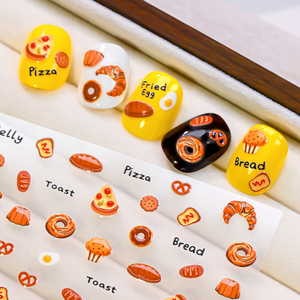 Autocollants 5D en relief pour ongles, motifs pain et pizza, autocollants adhésifs pour ongles avec croissants, toasts et œufs frits, pour nail art - Product Image 6