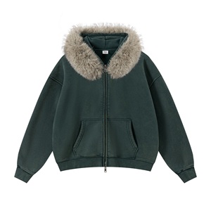 Customizable Retro Washed Oversized Box Collar <strong>Fleece</strong> <strong>Lined</strong> Thickened Cardigan Hoodie Zipper <strong>Jacket</strong> for Men - Product Image 4