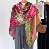 Écharpe carrée en velours à motifs floraux, peinture à l'huile haut de gamme, couleur contrastante, élégante, pour femme, châle d'extérieur, accessoire automne-hiver
