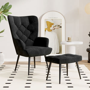 <b>Mid</b> <b>Century</b> <b>Modern</b> Eco-Friendly Velvet Convertible Accent <b>Chair</b> Ottoman Durable Tufted Button High Back Metal Legs Bedroom - Product Image 1