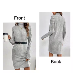 Otoño Invierno Mujer Color sólido Estilo independiente Casual Cuello alto Manga larga Vestido de punto - Product Image 3