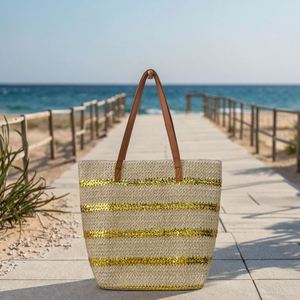 Sac fourre-tout de luxe rayé doré, grande capacité, en paille, pour l'été, les voyages en extérieur et la plage - Product Image 4