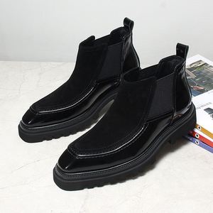 Bottes en cuir verni noir pour homme, bout carré, côtés élastiques, bottes à la cheville, semelle en caoutchouc antidérapante, toutes saisons - Product Image 1