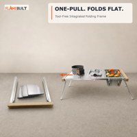 Mesa de Camping Dobrável 2 em 1 FLAMEBUILT com Churrasqueira a Carvão em Aço Inoxidável e Construção em Madeira 100 cm Modular IGT com Acabamento em Madeira