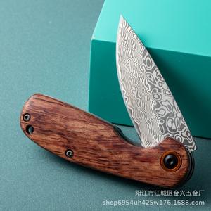 มีดพับเหล็กดามัสกัสสำหรับดรอปชิปปิ้งบน Shopify ความแข็งสูง เหมาะสำหรับตั้งแคมป์ พกพา ใช้แล้วทิ้งได้  มีดผลไม้ ด้ามไม้แพร์ อุปกรณ์กลางแจ้ง - Product Image 4