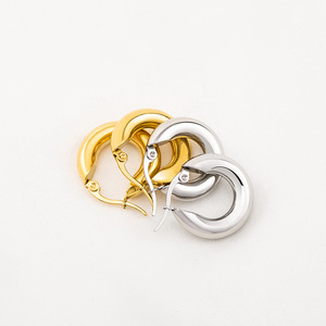Hoop Earrings <b>Titanium</b> Steel Gold Plated Thick Geometric Design For Women - Product Image 4