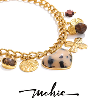Collier chaîne épaisse en acier inoxydable plaqué or 18 carats XY 577, avec pendentif cœur en résine de bois imprimé léopard