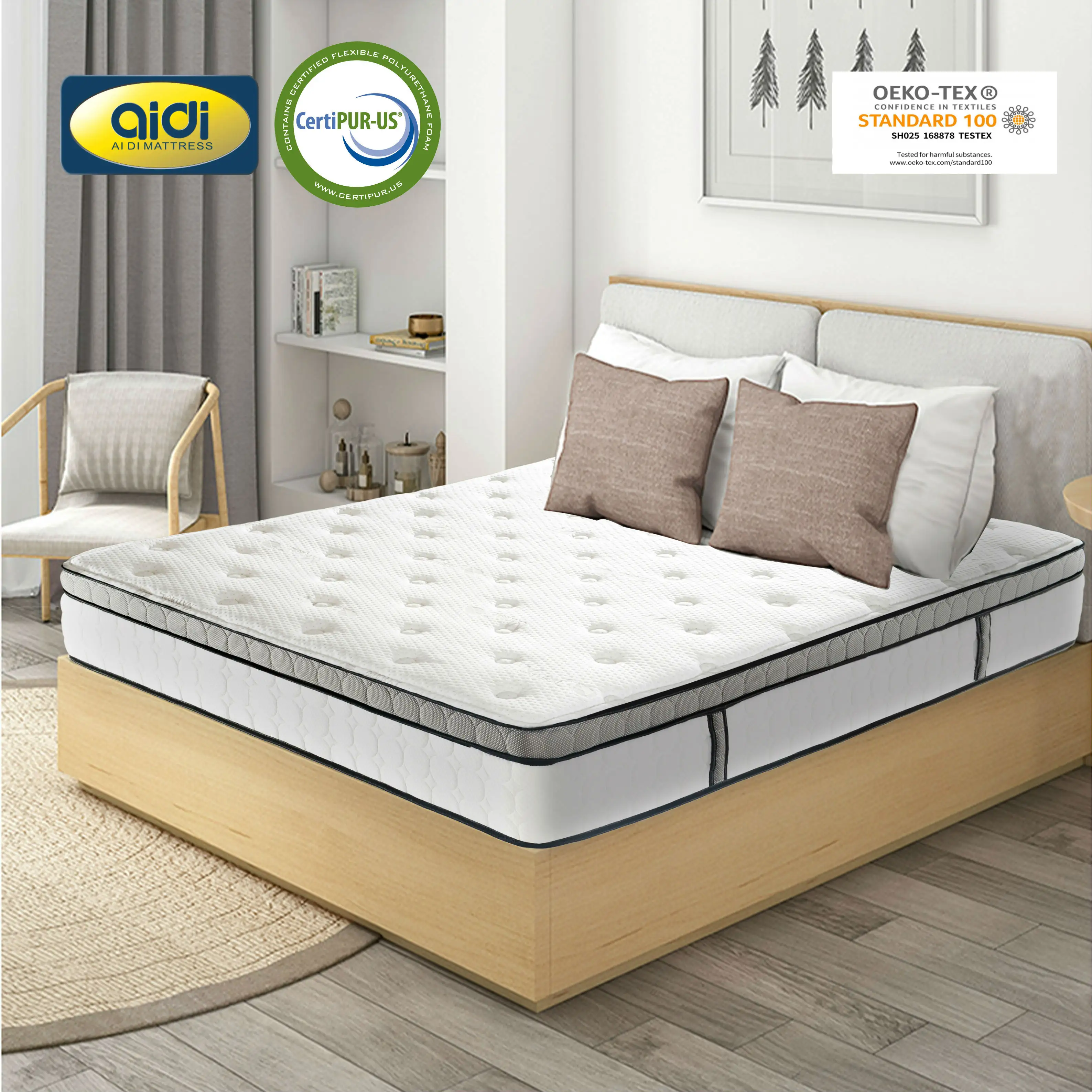 AIDI Luxury Euro Top Natural Latex Sleep Well Bed Matress Custom Full Size Pocket Coil Spring Gel Memory Foam Hybrid Mattress