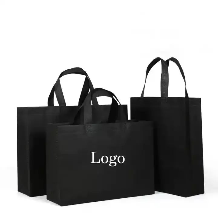 Tas kain Spunbond Nonwoven hitam ramah lingkungan yang dapat didaur ulang tas belanja hadiah yang tidak ditenun dengan Logo