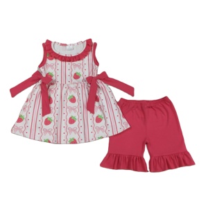Ensemble 2 pièces décontracté pour filles, motif nœuds fraises, en tissu peigné coton-élasthanne, prêt à expédier (RTS), vente en gros - Product Image 1