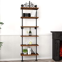 Estante de Pared Industrial de 6 Niveles, Negro, con Tubos Metálicos y Madera Rústica, Estantería Tipo Escalera, Decorativa, para Hogar u Oficina