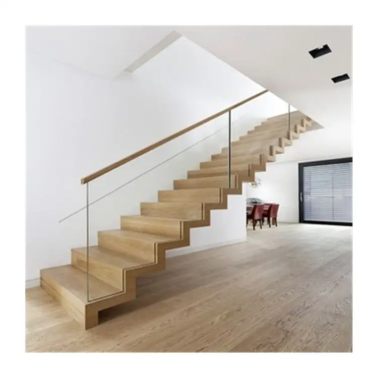 ACE Stairs White Z Shape Double Beam Wooden Tread Straight Staircase With Frameless Glass Railing