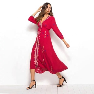 Abito da <span class=keywords><strong>donna</strong></span> rosso <span class=keywords><strong>etnico</strong></span> ricamato con scollo a V 3/4 con maniche a vita lunga Maxi abito - Product Image 3