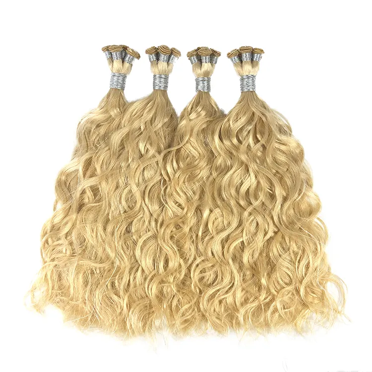 Wholesale double drawn russian hair blonde color loose wave hand tied weft human hair extensions