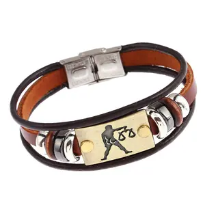 Leather Alloy Knitting 12 Signs Zodiac Watch Clasp Bracelet ZU033