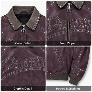 Giacca in Pelle Streetwear di Tendenza, Vintage, Lavaggio Acido, Personalizzata, Stile Varsity, Effetto Consumato, Viola, con Ricami e Borchie - Product Image 4