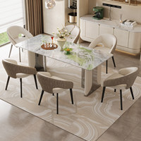 Table à manger rectangulaire moderne avec plateau en marbre, pieds en cuir et en métal, adaptée aux restaurants, hôtels et villas