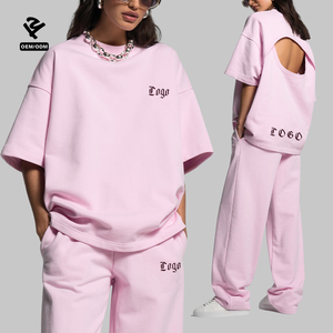 Ensemble de salon 2 pièces personnalisé pour femmes F5449 avec t-shirt surdimensionné dos nu et pantalon large Streetwear Y2k survêtement décontracté - Product Image 1