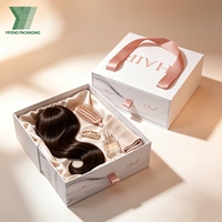 Boîtes d'emballage de luxe pour perruques et extensions de cheveux en carton avec impression de logo personnalisée CMYK, coulissantes, avec poignée en ruban