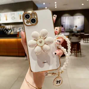 Luxe Gegalvaniseerde Telefoonhoes Met Bloemenhouder Armband 3d Tpu Telefoonhoesje Voor Iphone 11 12 13 14 Pro Max