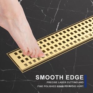 Drain de douche linéaire moderne en acier inoxydable AISI 304 de 24 pouces, finition or brossé, grille amovible, <span class=keywords><strong>pieds</strong></span> réglables, rectangulaire pour sol - Product Image 6