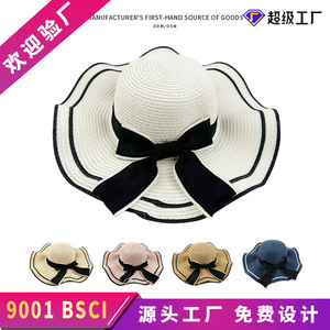 <b>Straw</b> <b>Hat</b> Wide Brim Sun Protection Beach Wear Off White With Black Ribbon Female Summer 2024 - Product Image 5