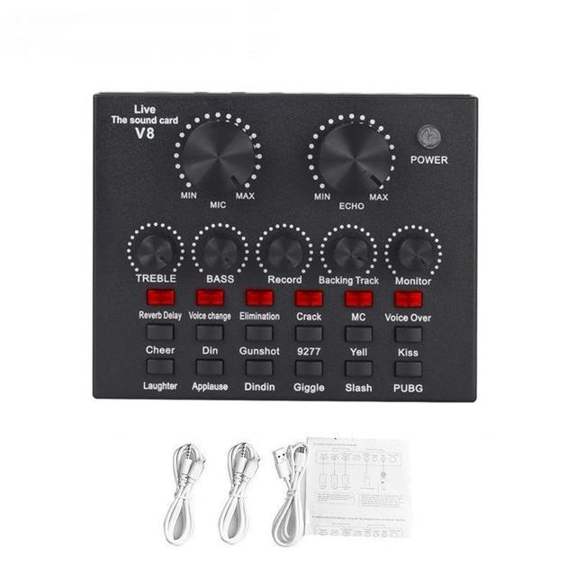 V8 USB Audio Interface Mixer Streaming / Broadcast Sound Card for PC/Phone Supports Headset Mic