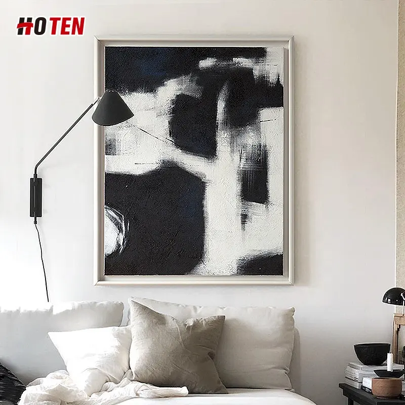 Peinture à l'huile abstraite peinte à la main moderne en noir et blanc, décoration murale pour salon