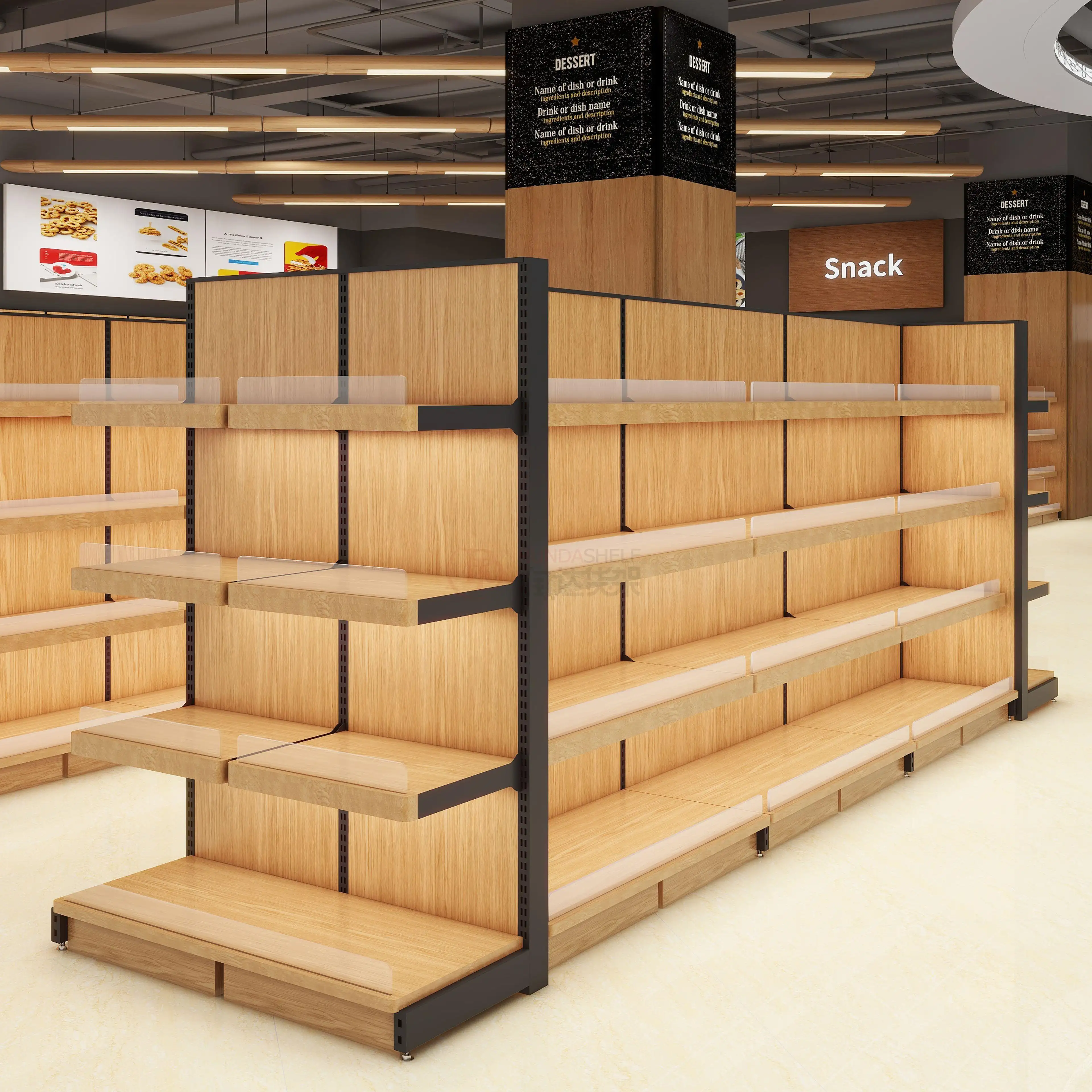 अनुकूलन योग्य गोंडोला शेल्फ और सुपरमार्केट शेल्फ लकड़ी की दीवार खुदरा स्टोर शेल्फ उच्च गुणवत्ता वाला भारी कोरोंडा-लुढ़का इस्पात