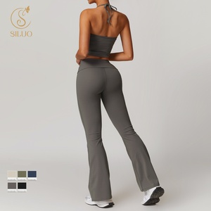 Factory Wholesale Custom SILUO Women's 4Pcs Outfits Halter Neck Sports Bra Crop Tops High Waist Shorts Leggings Active Set - Product Image 3