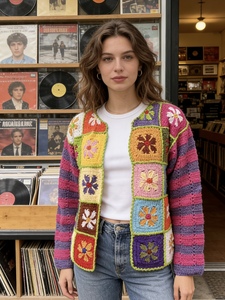 Cárdigan de invierno de ganchillo colorido para <span class=keywords><strong>mujer</strong></span>, suéter de punto floral con cuadrados granny, manga larga, <span class=keywords><strong>a</strong></span> rayas, estilo bohemio, cuello en V, acrílico grueso - Product Image 1
