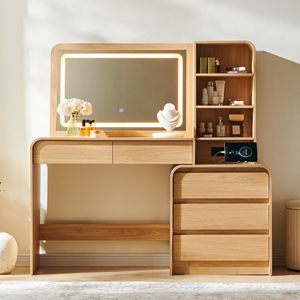 Coiffeuse moderne Aitjunz en bois massif et fer avec miroir lumineux, 5 tiroirs et station de charge - Table de maquillage de 50 pouces pour chambre à coucher (Nouveau) - Product Image 2
