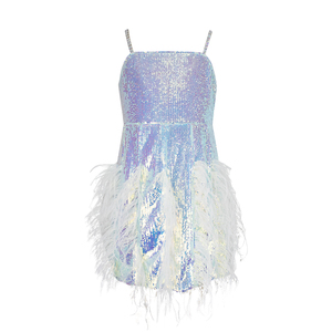Vestido <span class=keywords><strong>de</strong></span> Lentejuelas para Niñas, Vestido Mini con Plumas Iridiscentes en Degradado, Tirantes <span class=keywords><strong>de</strong></span> Cristal con Diamantes, Vestido <span class=keywords><strong>de</strong></span> Lentejuelas para Niña <span class=keywords><strong>de</strong></span> las Flores o Fiesta <span class=keywords><strong>de</strong></span> Graduación - Product Image 2