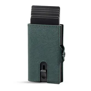 Casekey Wholesale Hot Sale Genuine Saffiano Leather Popup Card Holder Smart Wallet with Coin Pocket Billeteras Y Tarjeteros