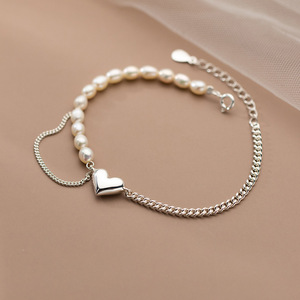 Bracelet en argent sterling 925 avec perle naturelle, pendentif cœur, design élégant à double chaîne, pour femme, cadeau de fête, bijoux délicats - Product Image 5