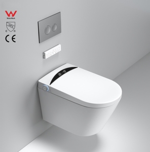 WC intelligent de luxe mural avec siphon en P, chasse d'eau par gravité, télécommande incluse, capteur de pied, WC automatique KL-075 Sm - Product Image 1