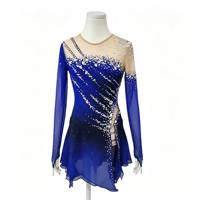 Robe de patinage artistique bleu royal et noir à strass dégradés, dos ouvert croisé, pour compétition de patinage sur glace