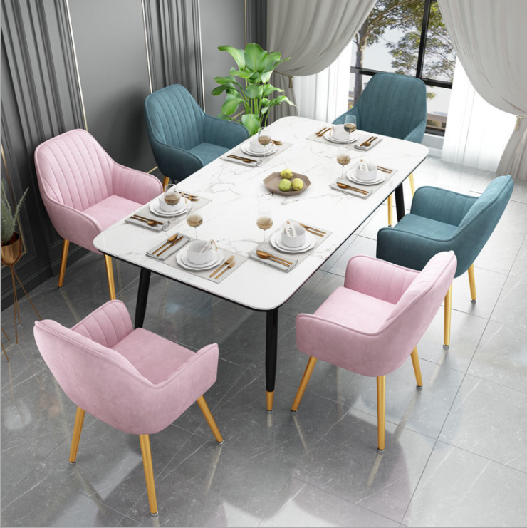 Luxury Design Fabric Modern Pink Grey Dining Chairs Comfortable Velvet  Accent Dining Arm Chairs with Golden Legs